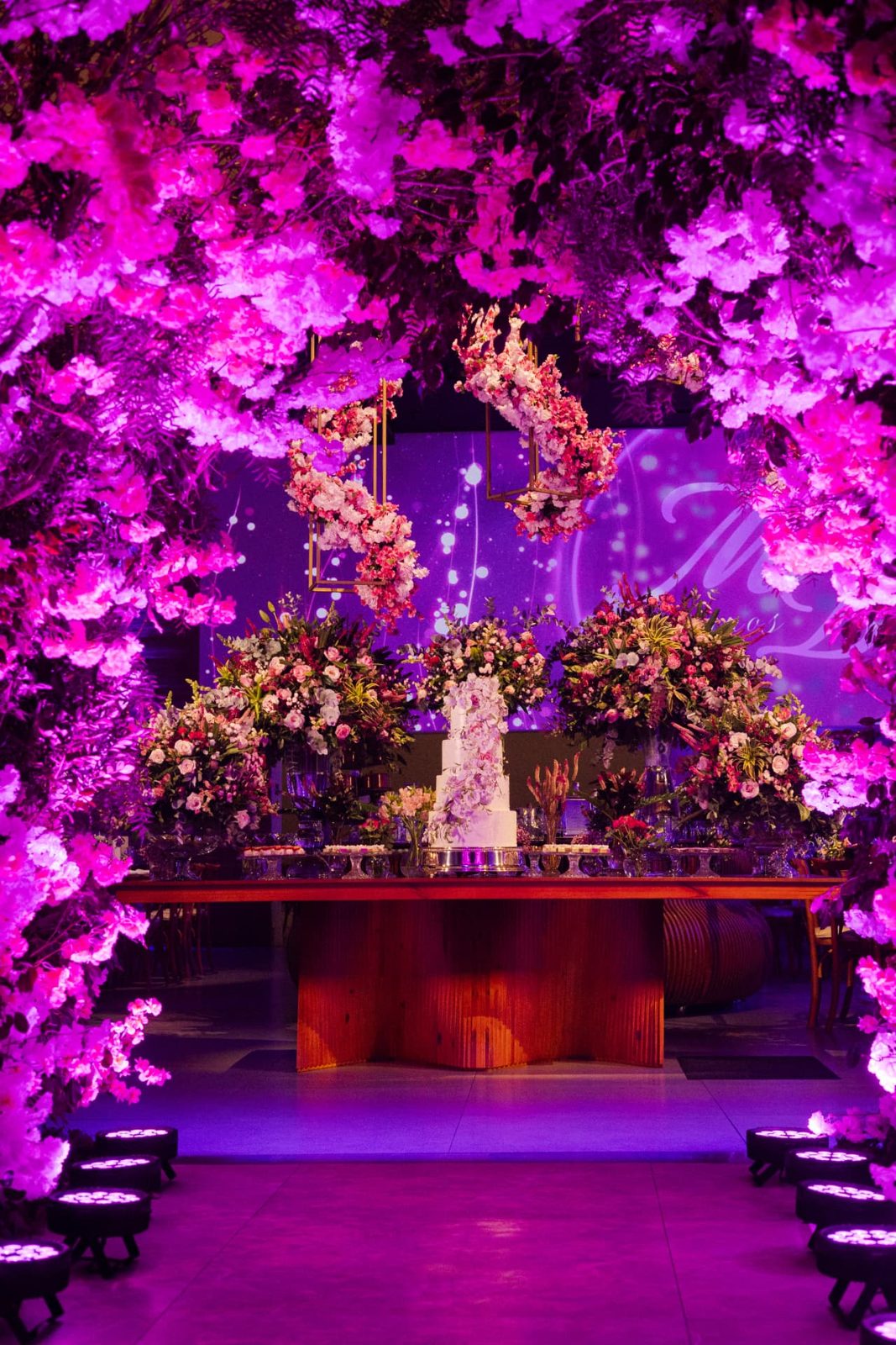 Mesa do bolo sob túnel de cerejeiras iluminadas em rosa na festa de 15 anos